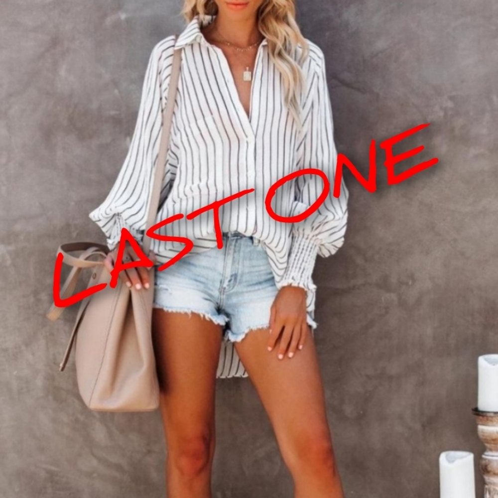 ⭐️3/$30⭐️ Women's PLUS White Striped Oversized Shirred Lantern Sleeve Blouse XL